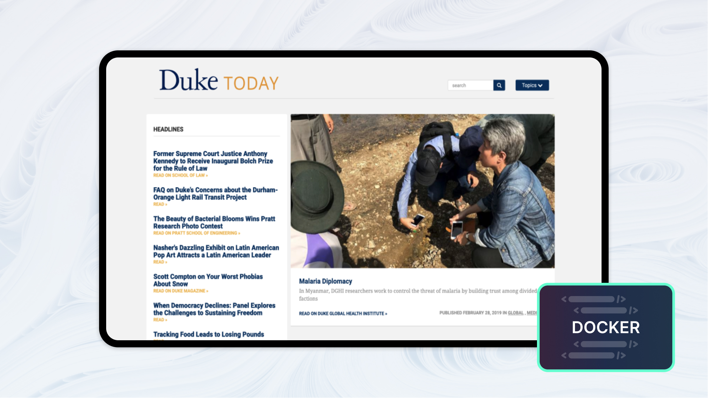 Duke Today homepage featuring docker technology
