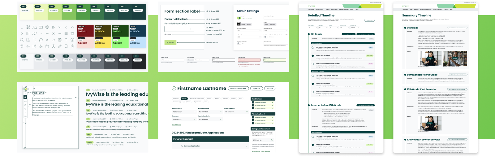A composite of myIvyWise's design system documentation, showing color palettes, typography specs, form components, and admin screens.
