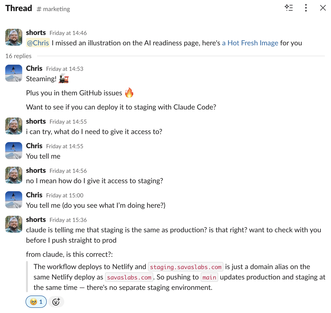 Slack thread in #marketing: a designer offers a new image, Chris asks if they can deploy it with Claude Code, the designer asks what to give it access to, Chris replies 'You tell me,' and the designer works it out with Claude and ships to production.