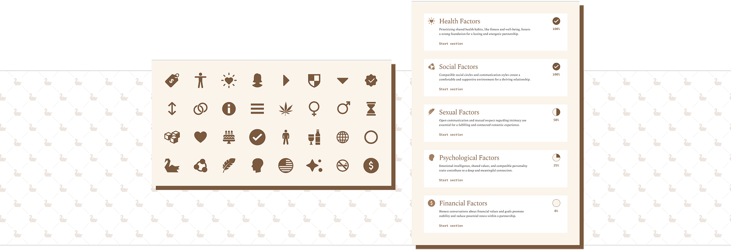 A close-up of the PrivateMatch icon set and a matching-factors panel scoring health, social, sexual, psychological, and financial compatibility.