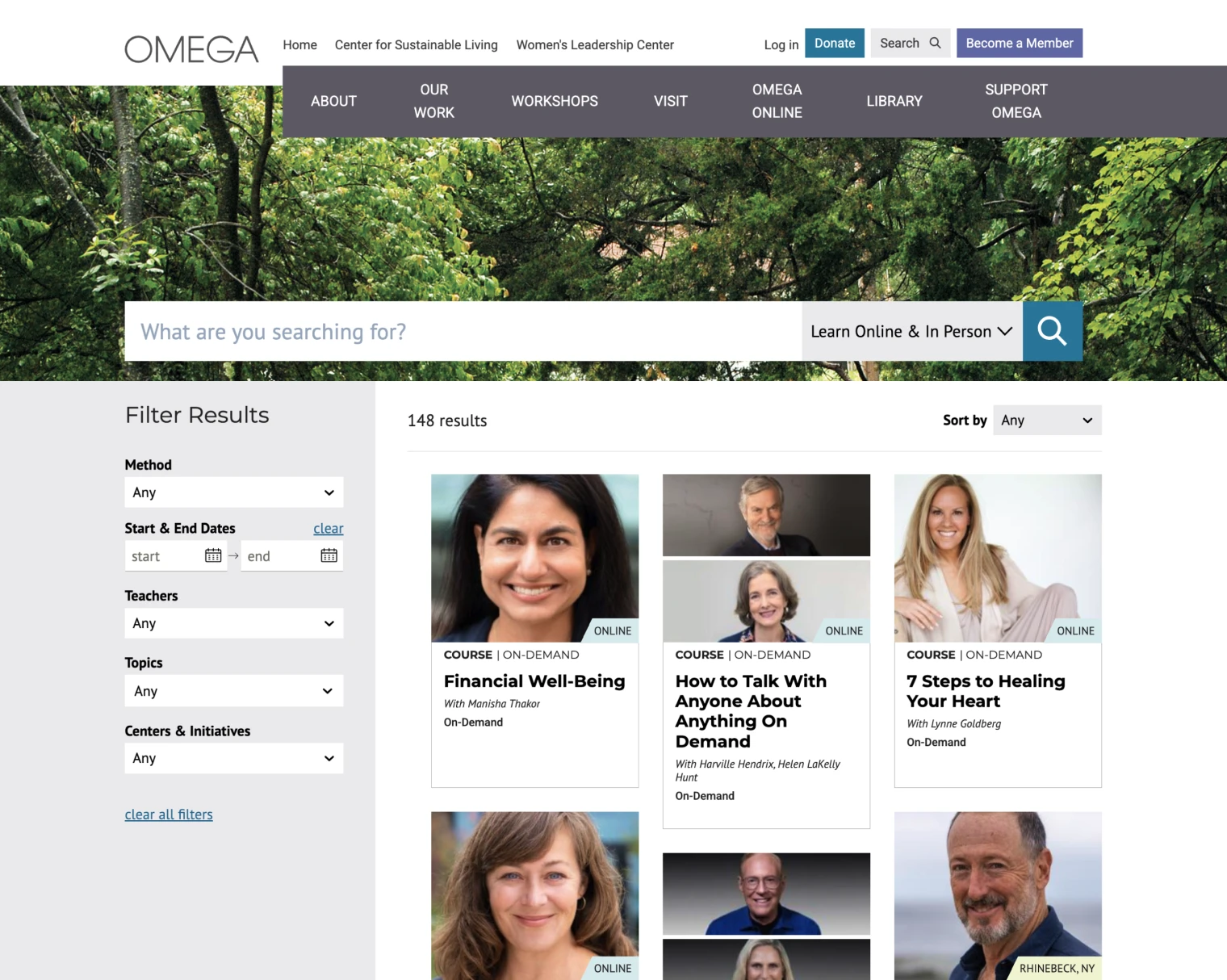 Omega's redesigned search results page, showing a filterable grid of workshops, articles, job listings, and other content types.