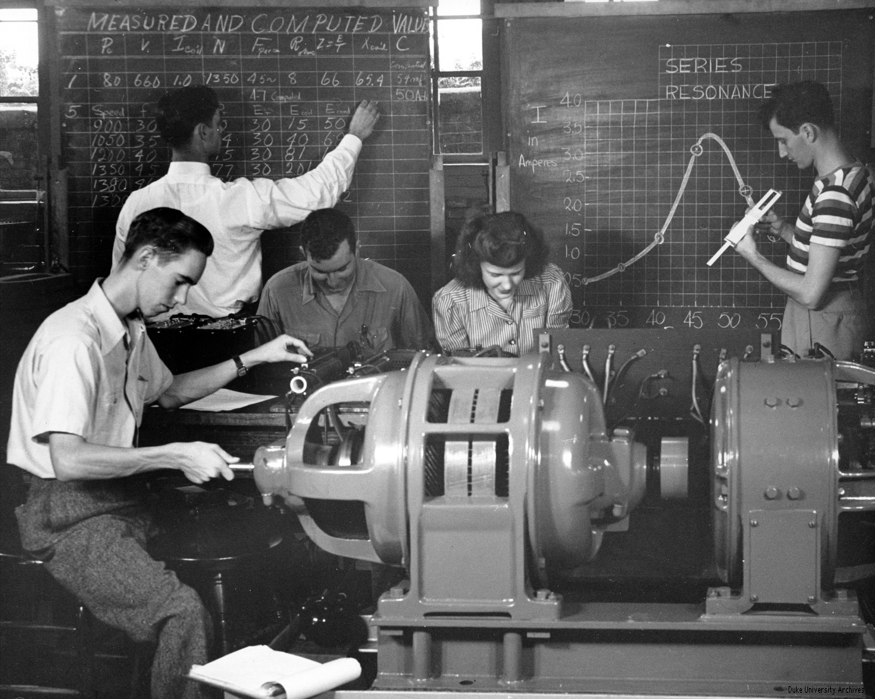 Duke Engineering students in lab, 1940s