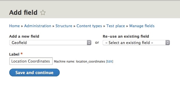 Screenshot of geofield creation