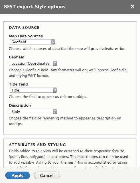 Screenshot the rest export settings for the Places view