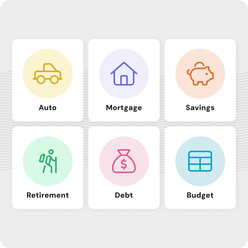 A collection of colorful icons showing financial categories.