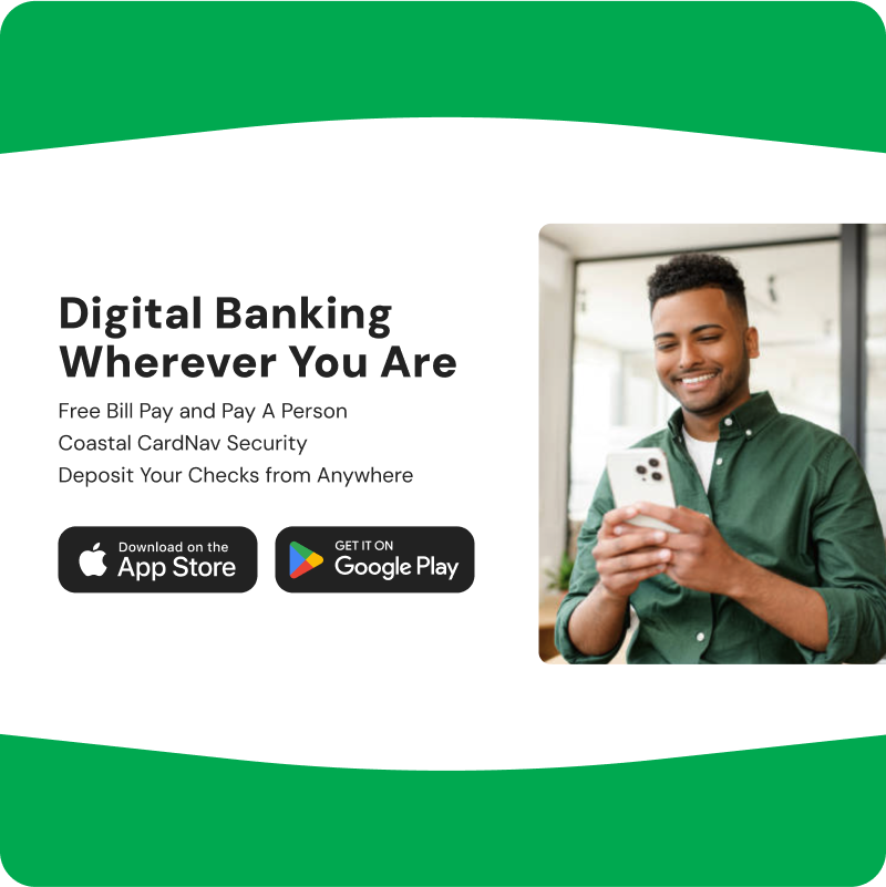 A web callout showing a happy man on his phone with text "digital banking wherever you are".