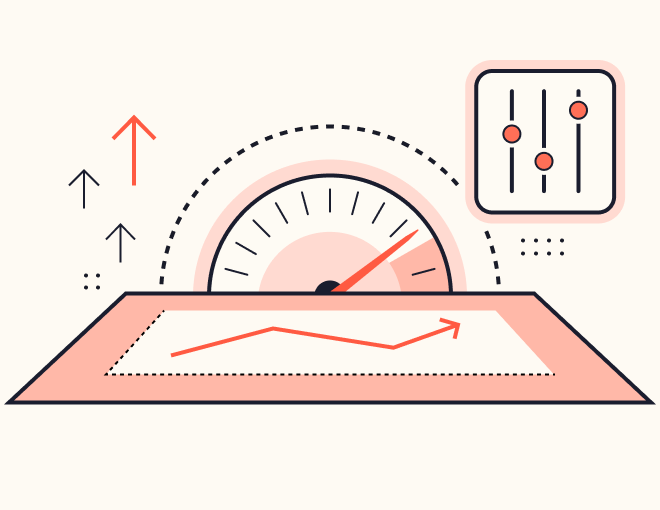 Launch dashboard — speedometer and growth trend line