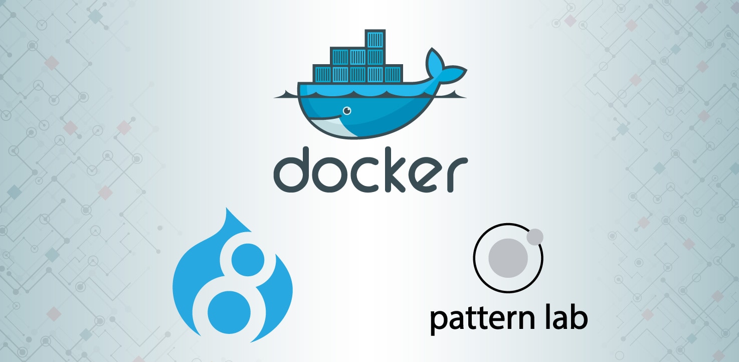 Docker Drupal 8 Pattern Lab logos on a circuited background