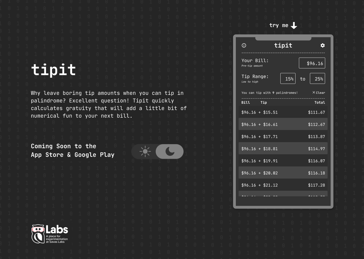 Tipit landing page - dark mode