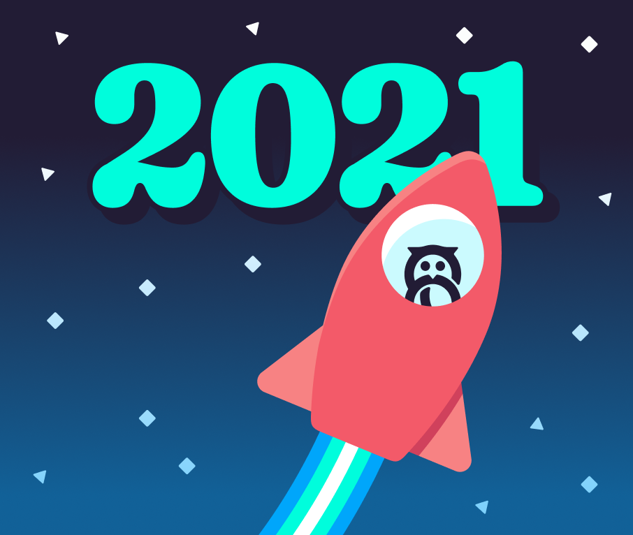 The Savas Labs mascot, Ava, in a rocket, blasting off with wishes for 2021.