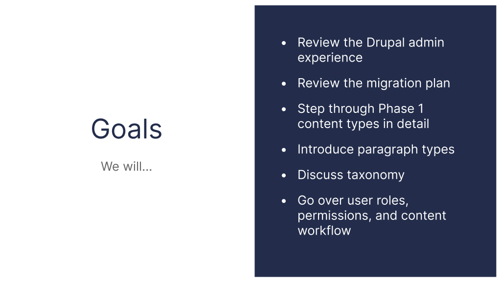 Drupal CMS goals training slide