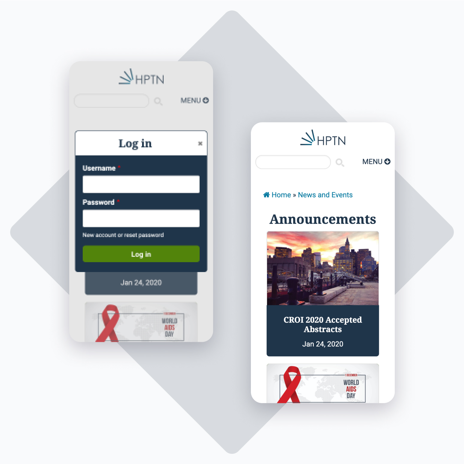 HPTN login screens