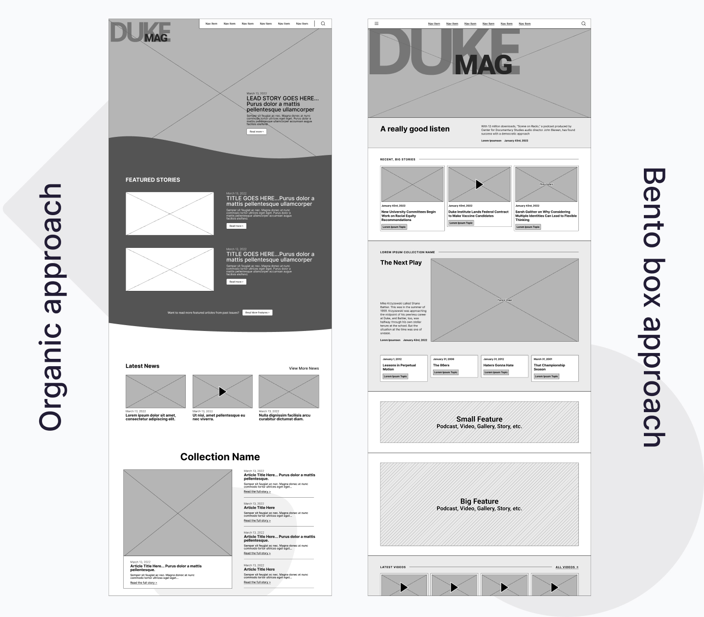 Duke Alumni Magazine bento box wireframes