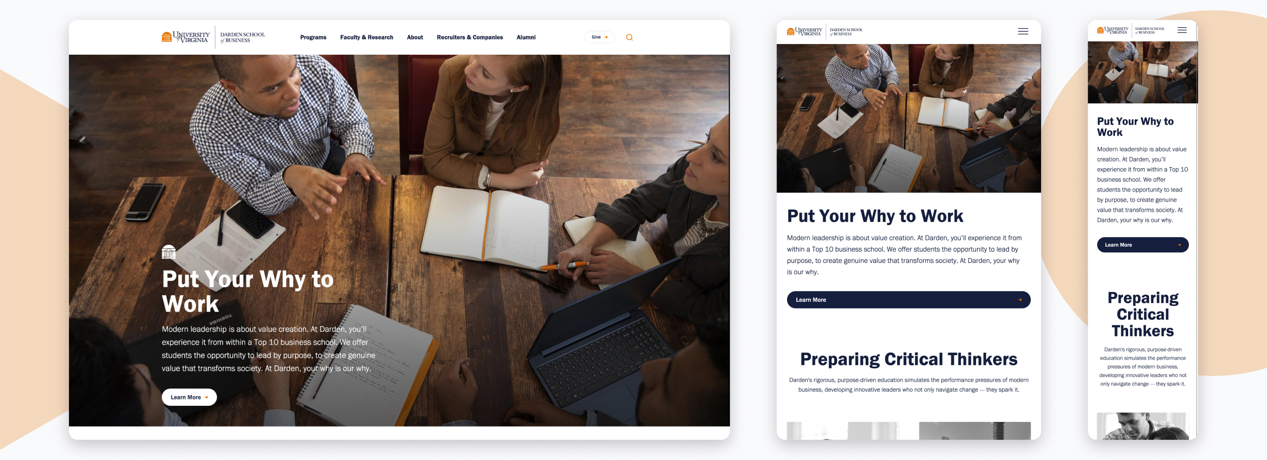 UVA Darden homepage on different screen sizes
