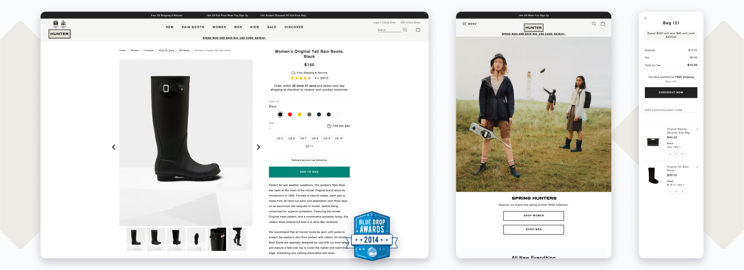 Hunter Boots website displayed on different screen sizes