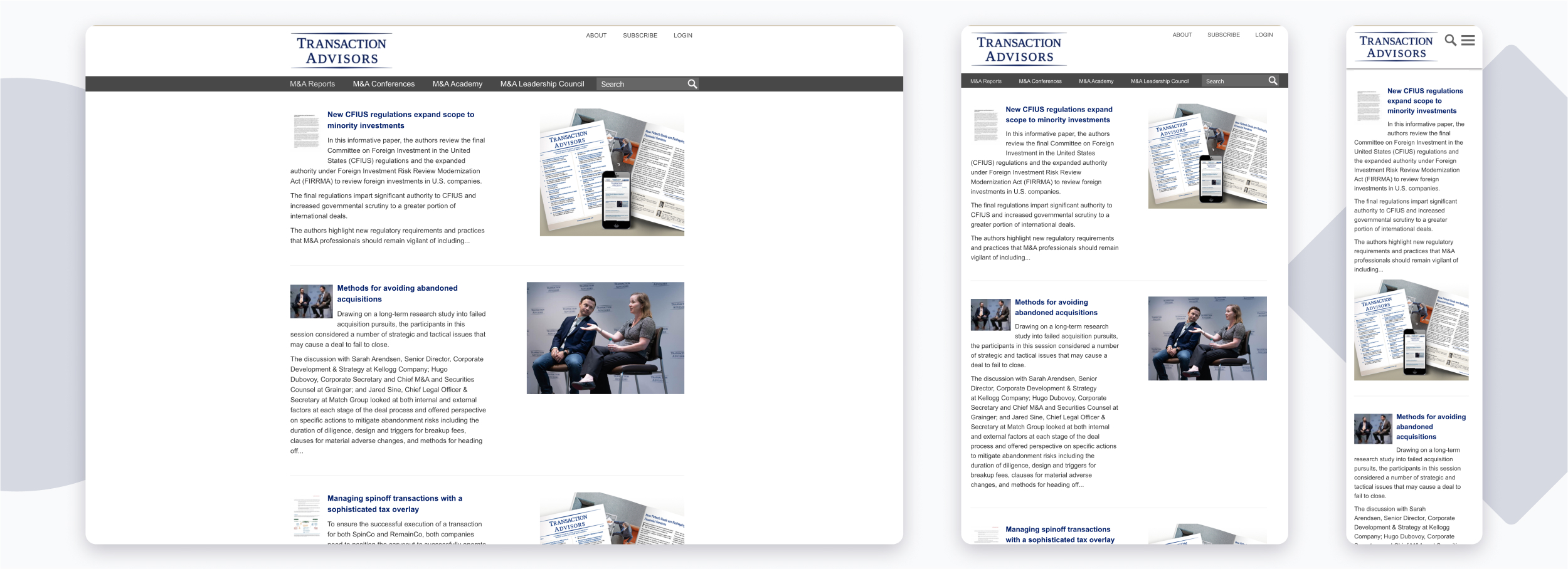 Transaction Advisors homepage displayed on various screen sizes