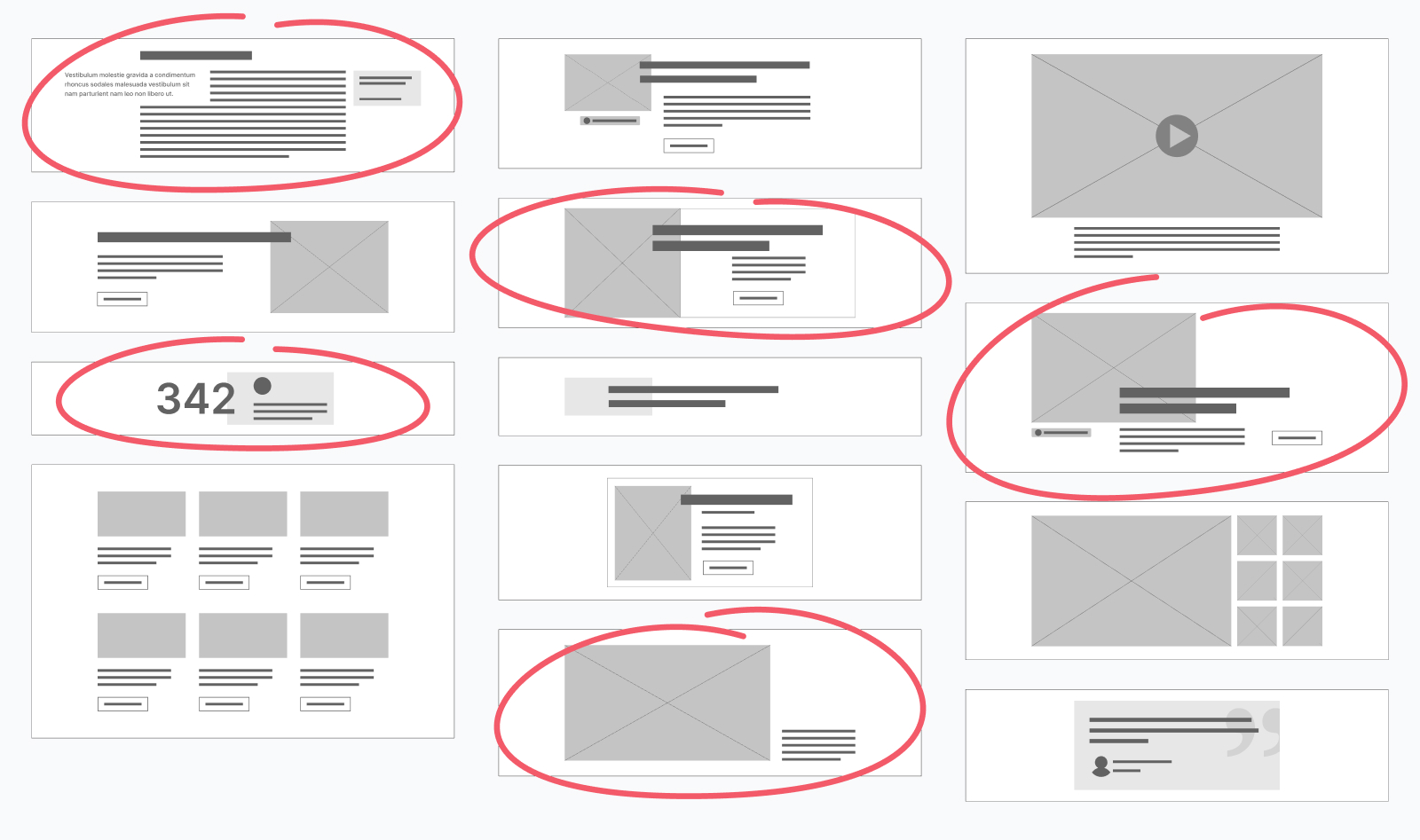 An array of wireframed components with red circles around 5 options, representing the chosen elements to design.