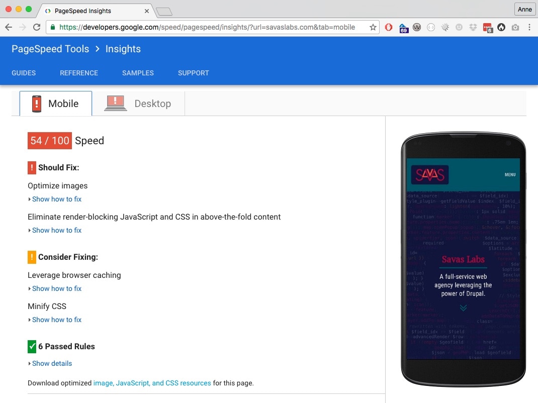 Initial Google PageSpeed Insights score for savaslabs.com