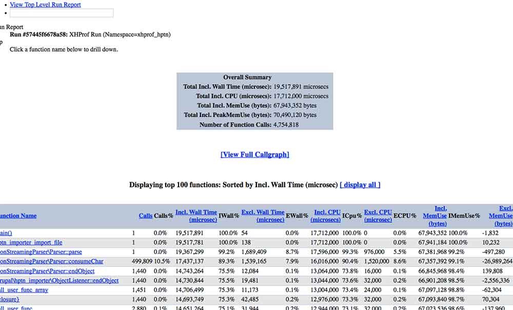 Sample screenshot of an XHProf profiler report