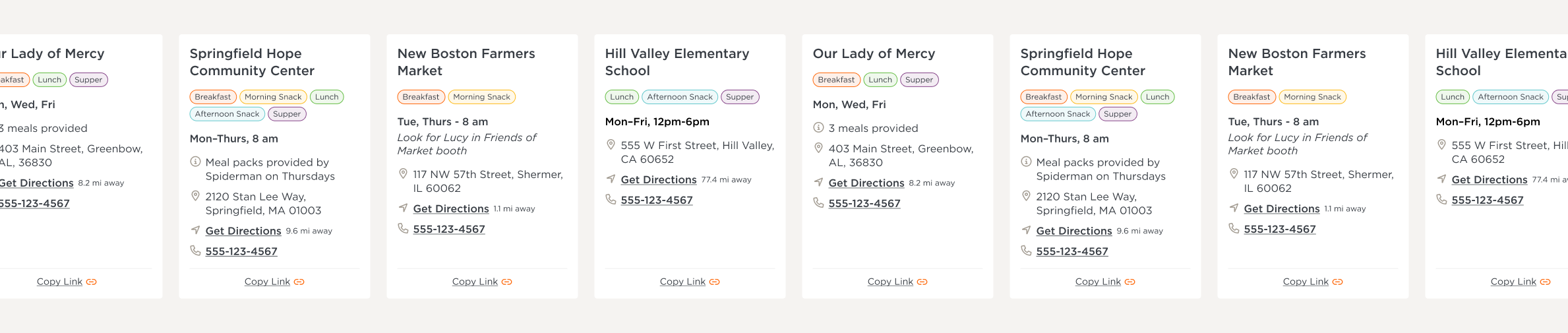 The cards from the Free Meals Finder filtering system