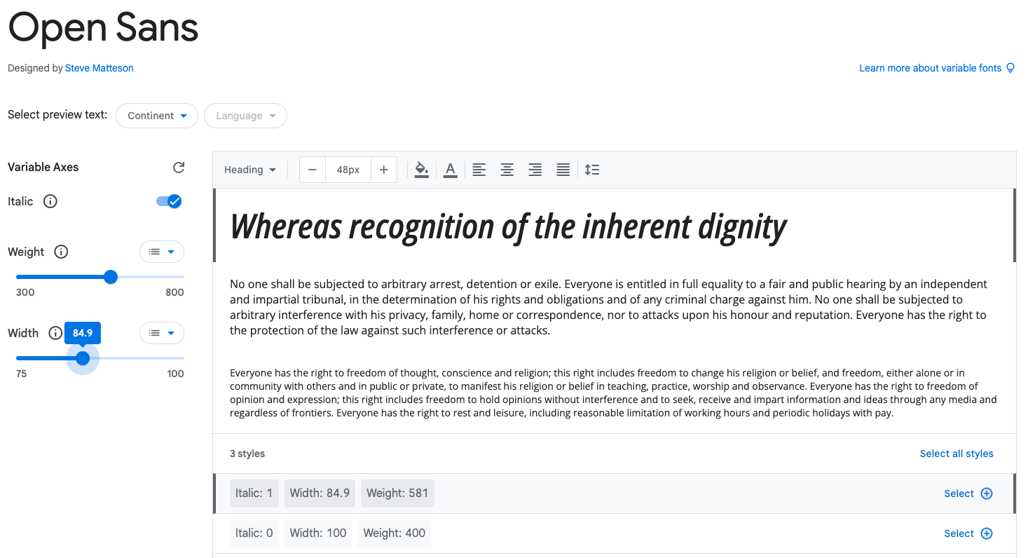 Demonstrating the variable axes weight and width for the font Open Sans