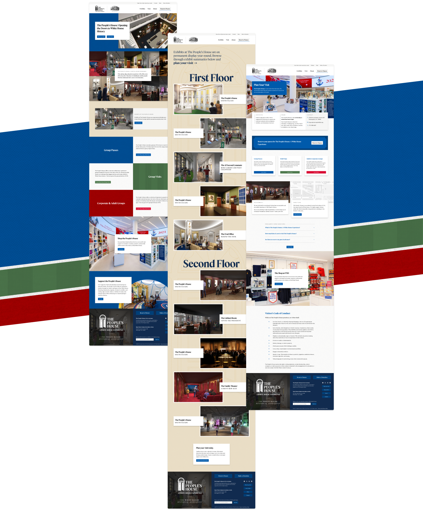 Three designed pages of The People's House website with background decoration