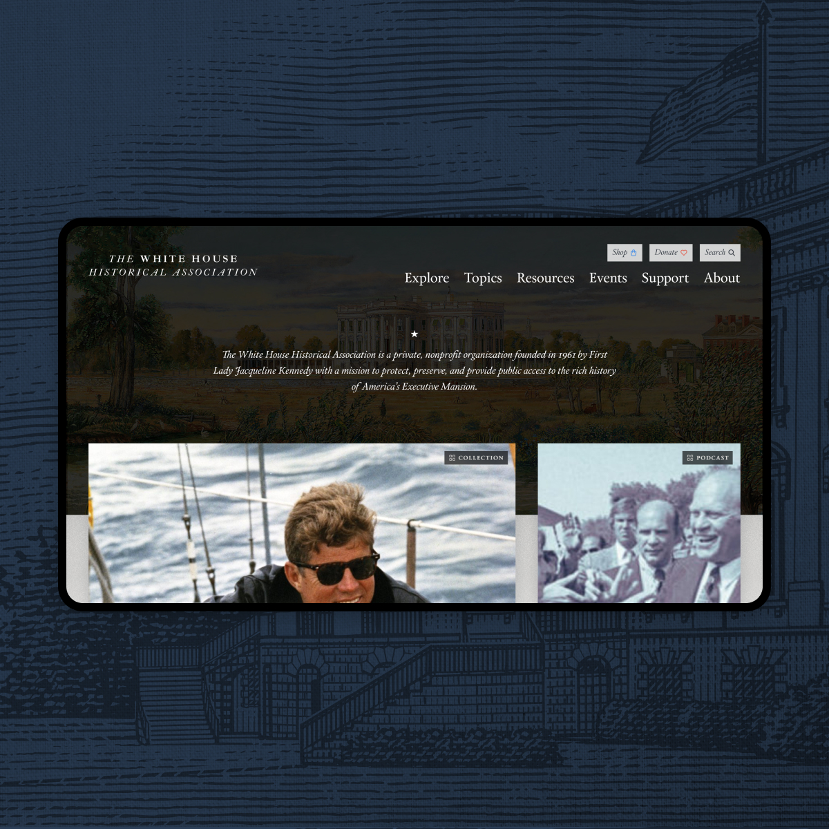 Picture of whha.org website on an iPad, superimposed over a dark blue background