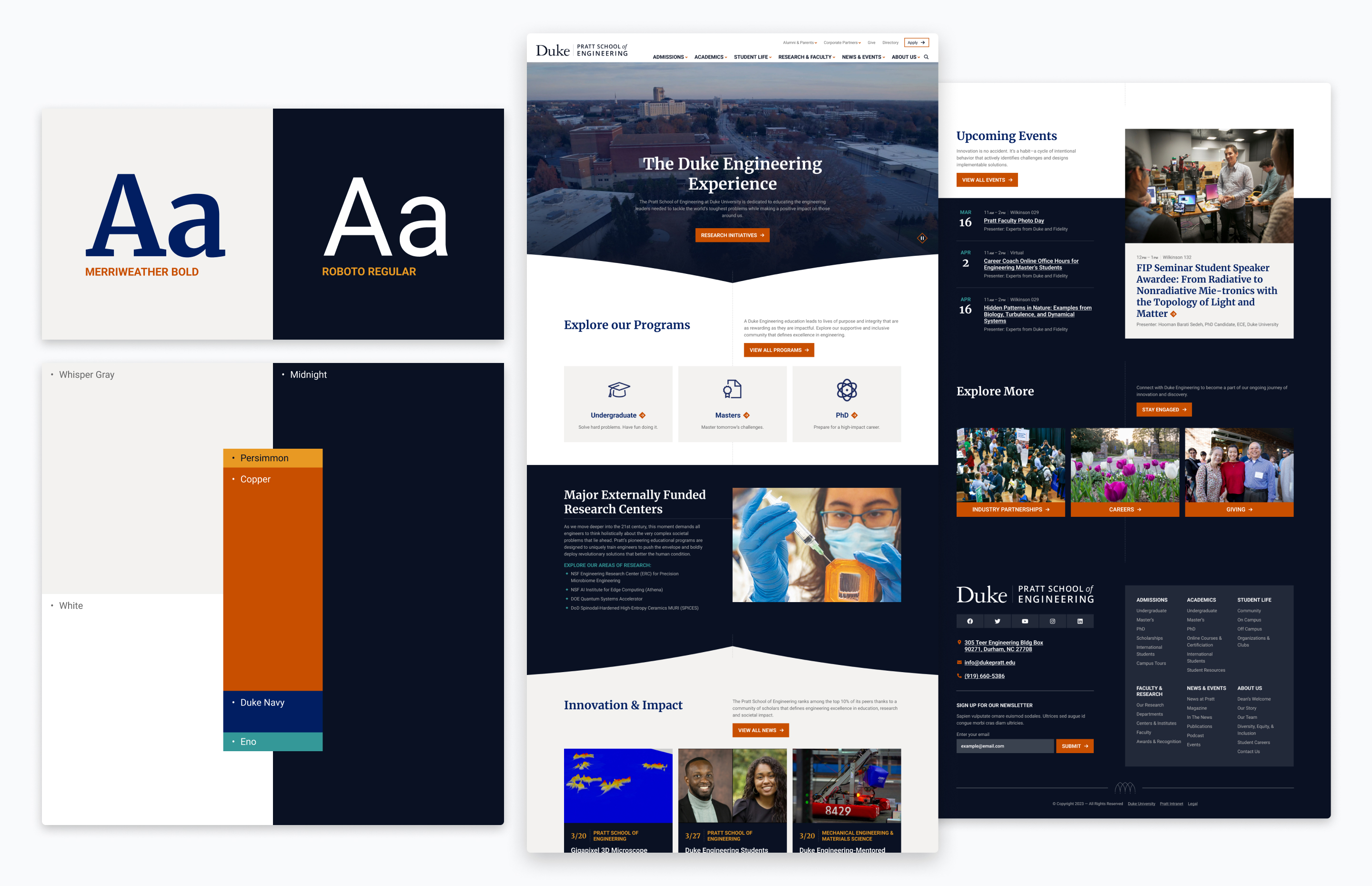 Color palette and typography selections from the design system and a homepage mock up.