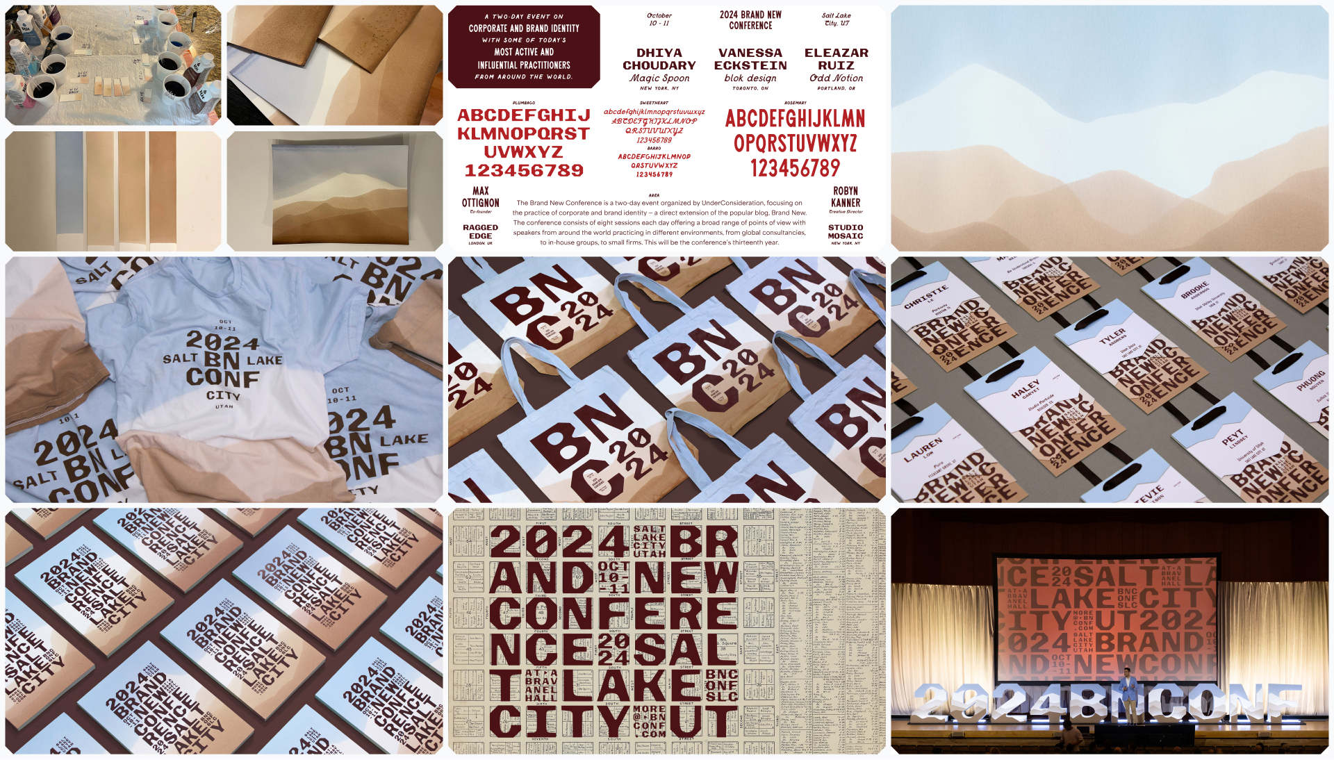 Photos of Identity elements created for the 2024 Brand New Conference: typography, t-shirts, badges, tote bags, and stage decorations.
