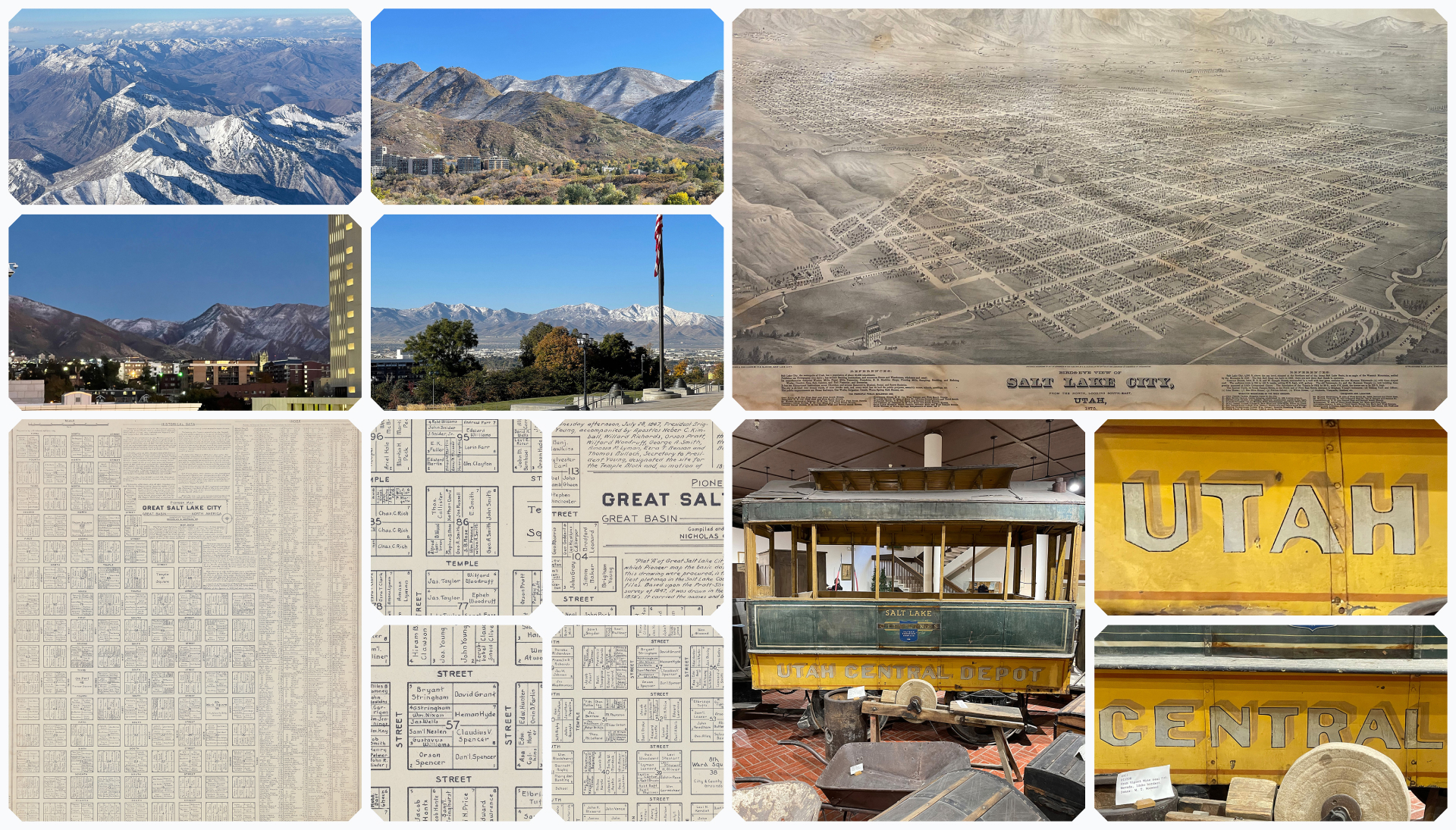 A collage of inspiration used to create the visual identity for the 2024 Brand New Conference: mountain landscapes, an old Salt Lake City map, and a streetcar.