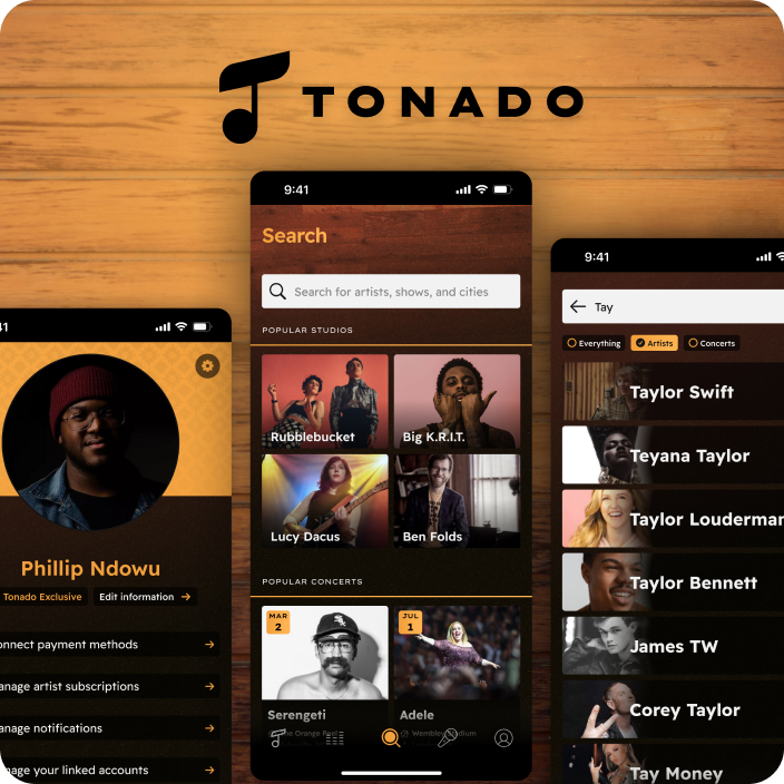 Three screenshots of the Tonado mobile app