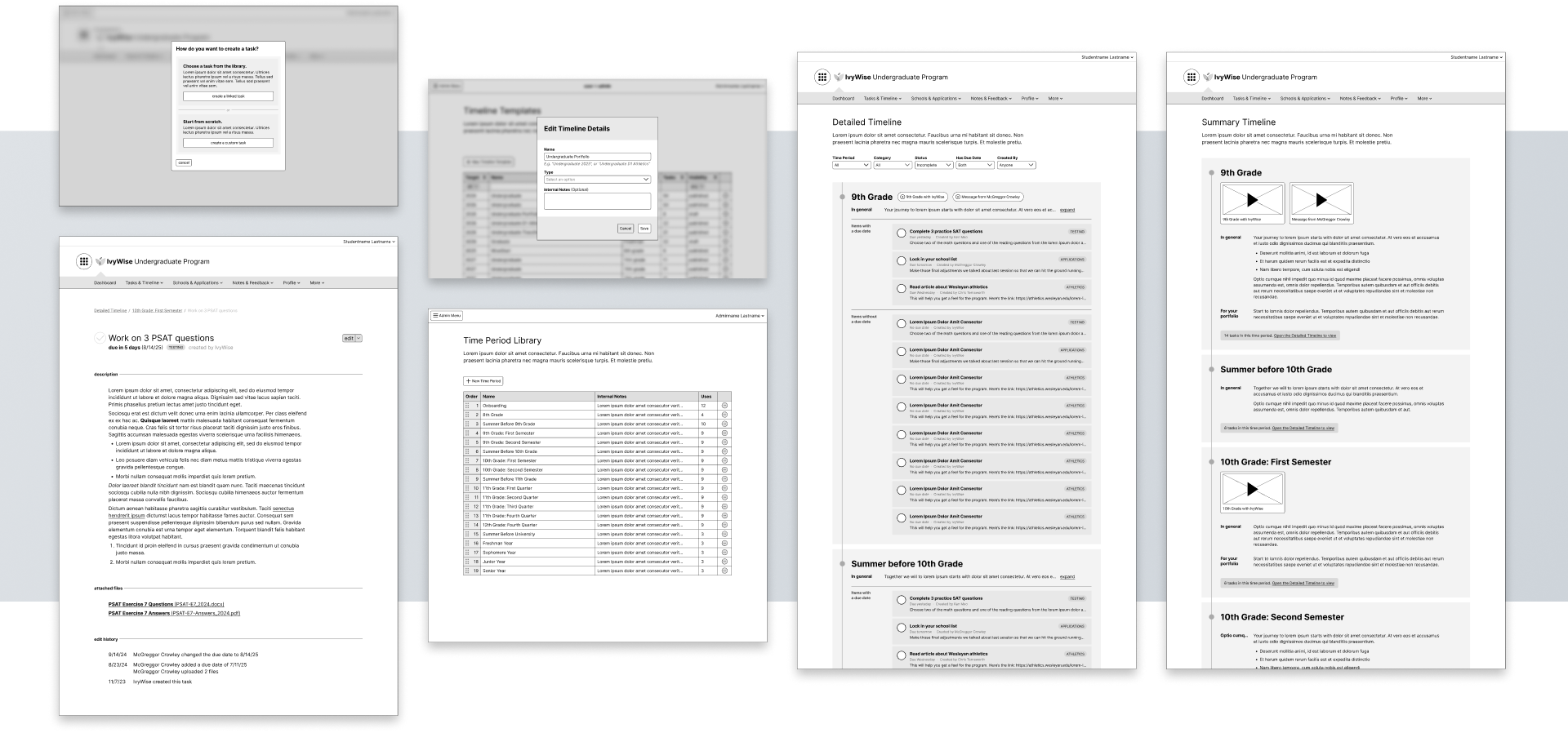 Array of new feature wireframes from the Ivywise interface.