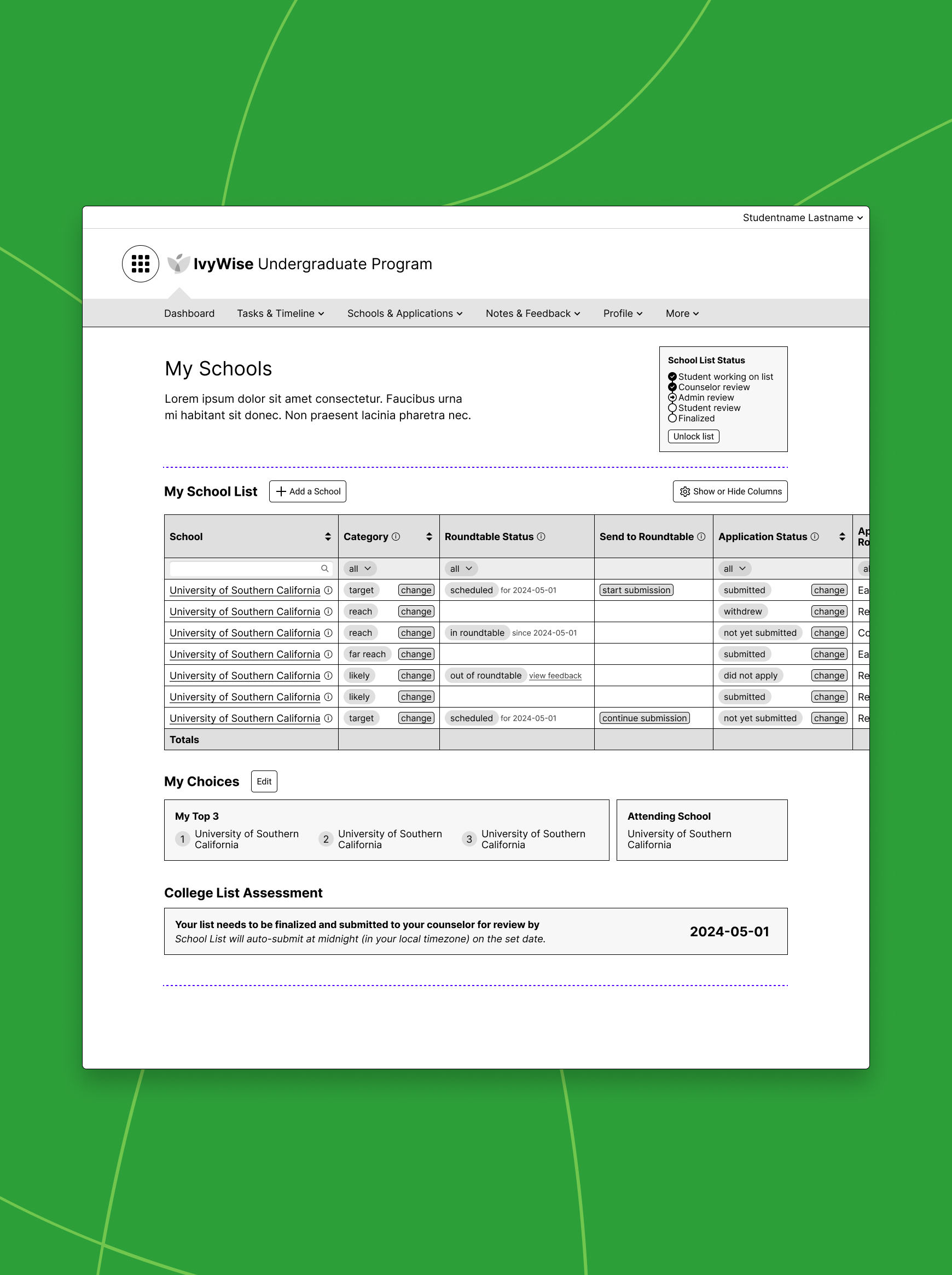 Wireframes for the new iteration of the School List