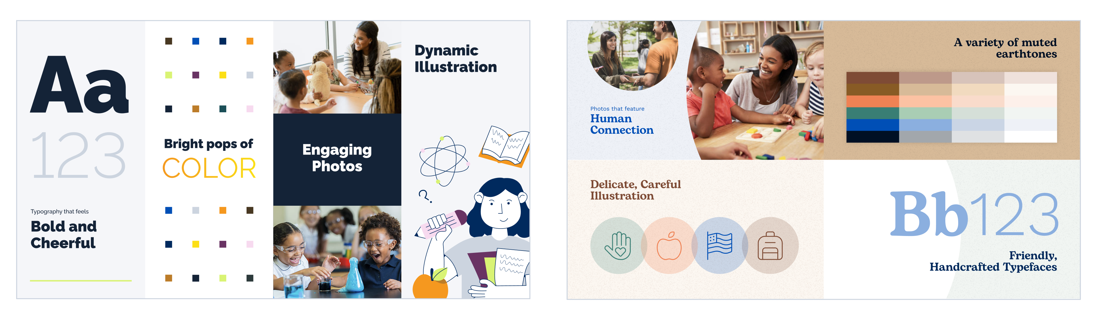 example moodboard with different light and dark color palettes and fonts