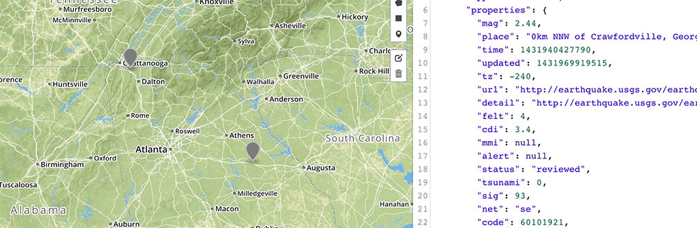 Screenshot of GeoJSON.io map showing two earthquakes in Georgia