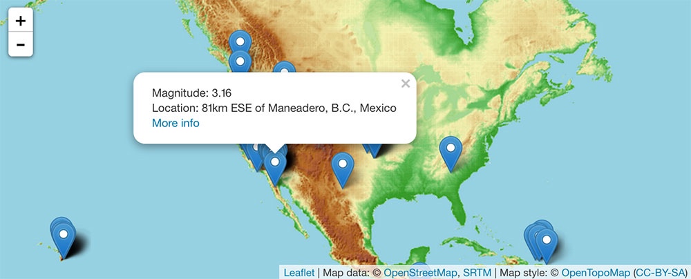 Screenshot of the map of earthquakes which we'll create in this tutorial.