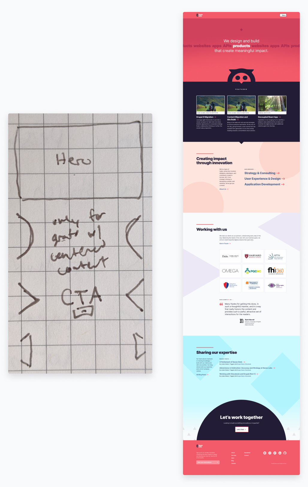 a side-by-side showing a sketch of the homepage and the finished design composition