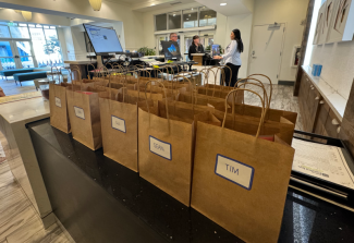 Gift bags for the team in the hotel lobby