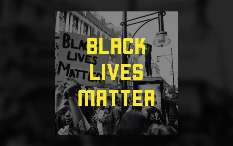 Black Lives Matter graphic, text over image of protestors.