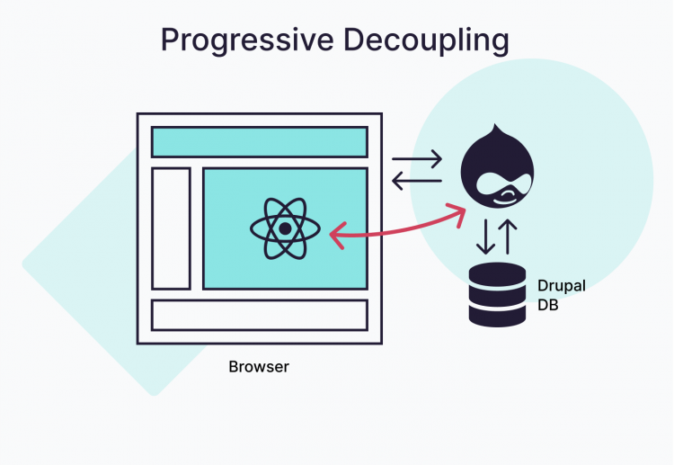 Diagram Showing how the database sends data to Drupal and then to the browser with React.