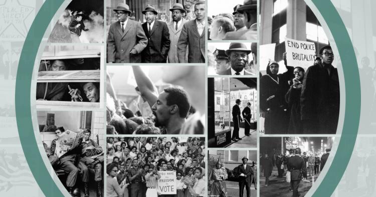 A collage of black and white photos from Durham's civil rights history. Includes several photos of Black protestors with signs, and a photo of Dr. King.