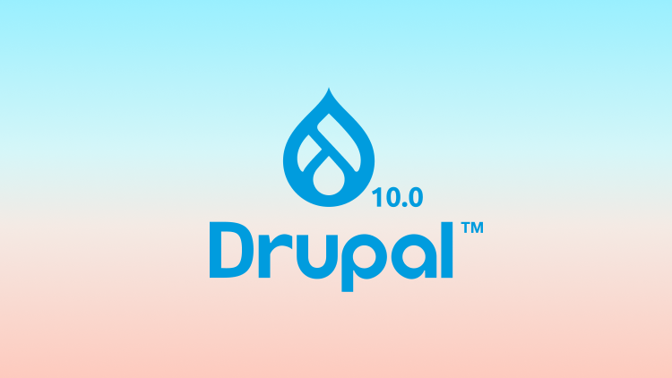 Drupal 10 logo on a blue to pink gradient background