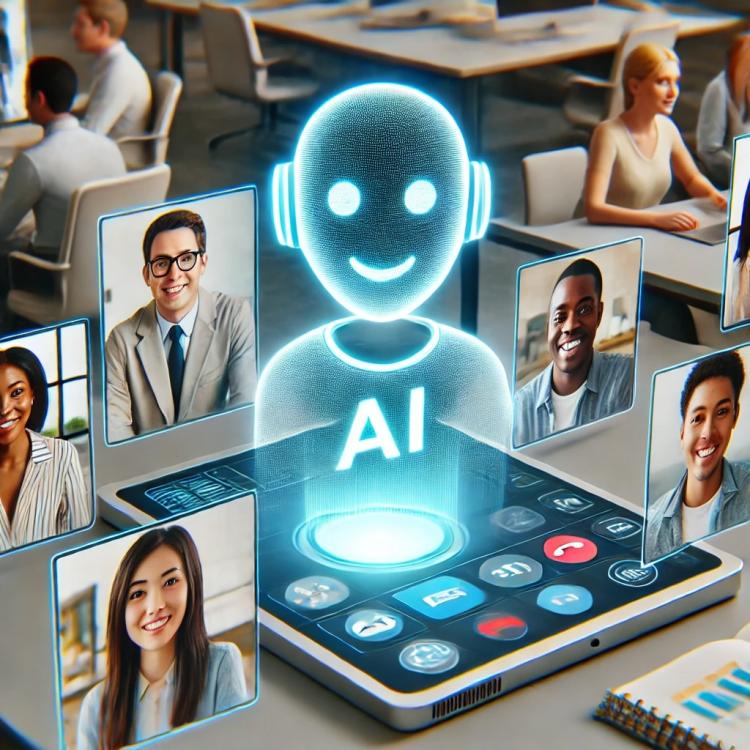 A hologram AI surrounded by a group of people on a video call